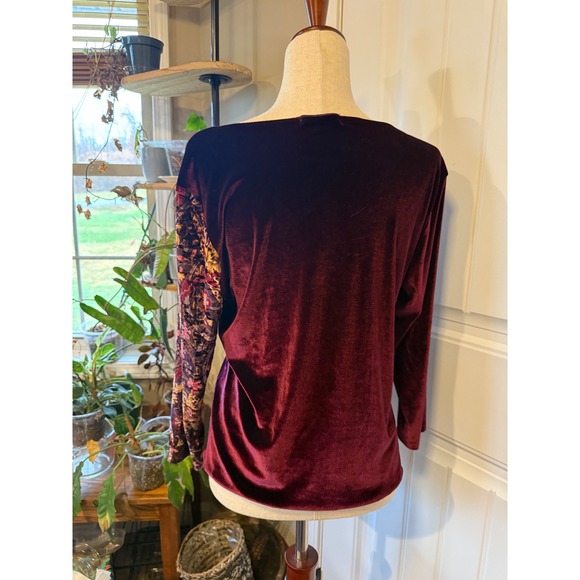 Jessica & Max Burgundy Velvet Floral Print Wrap Top Long Sleeve Women XL - Picture 2 of 6